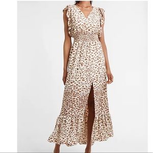 Leopard Ruffle Sleeve Smoked Waist Maxi Dress